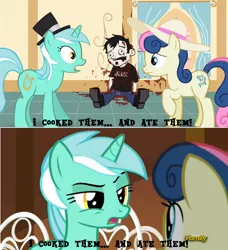 Size: 1132x1240 | Tagged: blood, bon bon, comparison, crossover, dan, dan vs, death, derpibooru import, edit, edited screencap, fridge horror, grimdark, hat, human, llamas with hats, lyra heartstrings, ponies eating humans, ponies with hats, screencap, slice of life (episode), sweetie drops