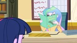 Size: 1366x768 | Tagged: safe, derpibooru import, edit, screencap, princess celestia, twilight sparkle, equestria girls, /mlp/, beanie, celestia's folder, celestia's office, folder, hat, implied normal norman, magazine, meme, principal celestia