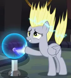 Size: 538x592 | Tagged: safe, derpibooru import, screencap, derpy hooves, pegasus, pony, slice of life (episode), electricity, female, mare, plasma ball, solo