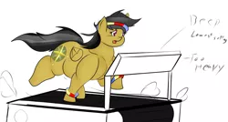 Size: 1280x684 | Tagged: artist:mad'n evil, chubby, daring do, daring dollop, derpibooru import, fat, out of shape, running, safe, simple background, the adventures of chubby daring do, training, treadmill, workout