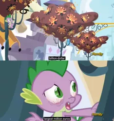 Size: 1600x1710 | Tagged: caption, derpibooru import, dollar, dragonsneeze, edit, edited screencap, euro, meme, money, princess spike (episode), safe, screencap, spike, tree, youtube caption