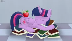 Size: 4872x2741 | Tagged: safe, artist:mkogwheel, derpibooru import, twilight sparkle, twilight sparkle (alicorn), alicorn, pony, princess spike (episode), apple, book, book nest, candle, female, food, hay, mare, princess sleeping on books, sleeping, solo, that pony sure does love books, tired twilight