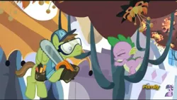 Size: 960x540 | Tagged: cap, chainsaw, derpibooru import, discovery family logo, douglas spruce, dragonsneeze, evergreen, eyes closed, goggles, hat, hoof shoes, pine tree, princess spike (episode), safe, screencap, spike, toolbelt, tree