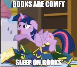 Size: 456x401 | Tagged: safe, derpibooru import, screencap, twilight sparkle, twilight sparkle (alicorn), alicorn, pony, princess spike (episode), book, book nest, caption, derp, female, image macro, mare, meme, princess sleeping on books, silly, text, that pony sure does love books, this is my pillow now