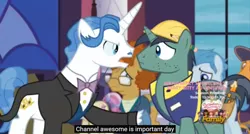 Size: 1600x855 | Tagged: caption, channel awesome, constructicorn, construction pony, derpibooru import, discovery family logo, edit, edited screencap, fancypants, glasses, meme, princess spike (episode), public works pony, safe, screencap, youtube caption