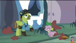 Size: 960x540 | Tagged: allergic reaction, allergies, derpibooru import, discovery family logo, douglas spruce, dragonsneeze, error, evergreen, goggles, hoof shoes, princess spike (episode), safe, scorched, screencap, spike, tired