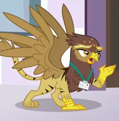 Size: 1047x1068 | Tagged: safe, derpibooru import, screencap, galena, big cat, gryphon, hybrid, tiger, tiger griffon, princess spike (episode), background griffon, beak, cropped, female, lanyard, name tag, open beak, open mouth, raised claw, solo, spread wings, wings