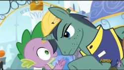 Size: 960x540 | Tagged: constructicorn, construction pony, derpibooru import, discovery family logo, hard hat, hat, pencil, pointing, princess spike (episode), public works pony, safe, screencap, spike, stern, stubble