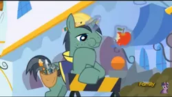 Size: 960x540 | Tagged: apple, barricade, bored, constructicorn, construction pony, derpibooru import, discovery family logo, eating, food, hard hat, hat, magic, pencil, princess spike (episode), public works pony, safe, screencap, stubble, toolbelt