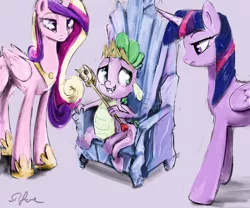 Size: 1280x1067 | Tagged: safe, artist:silfoe, derpibooru import, princess cadance, spike, twilight sparkle, twilight sparkle (alicorn), alicorn, pony, royal sketchbook, princess spike (episode), female, frown, grin, mare, nervous, new crown, scepter, sitting, smiling, throne, twilight scepter, unamused