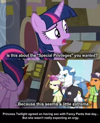 Size: 906x1116 | Tagged: suggestive, derpibooru import, edit, edited screencap, screencap, fancypants, twilight sparkle, twilight sparkle (alicorn), alicorn, pony, princess spike (episode), background pony, caption, female, if you know what i mean, image macro, innuendo, mare, meme, privilege, text, the fresh prince of bel-air