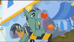 Size: 480x270 | Tagged: animated, apple, bored, constructicorn, construction pony, derpibooru import, discovery family logo, eating, food, pencil, princess spike (episode), public works pony, safe, screencap, surprised, toolbelt
