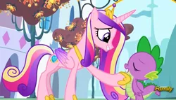 Size: 1757x1003 | Tagged: derpibooru import, discovery family logo, edit, edited screencap, eyes closed, female, infidelity, love, male, princess cadance, princess spike (episode), safe, screencap, shipping, smiling, spike, spikedance, spikelove, straight