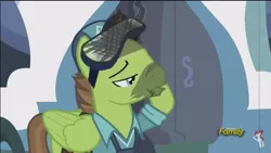 Size: 960x540 | Tagged: derpibooru import, dirty, discovery family logo, douglas spruce, evergreen, goggles, kissy face, lidded eyes, out of context, princess spike (episode), safe, scorched, screencap
