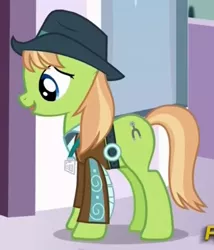Size: 538x628 | Tagged: safe, derpibooru import, screencap, yuma spurs, earth pony, pony, princess spike (episode), appleloosa resident, background pony, clothes, cropped, female, hat, jacket, mare, solo