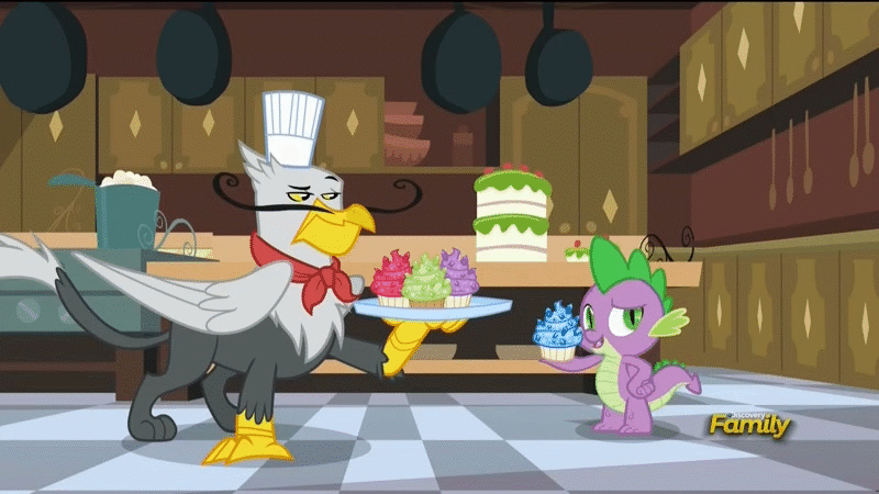 Size: 800x450 | Tagged: safe, derpibooru import, screencap, gustave le grande, spike, dragon, gryphon, princess spike (episode), animated, by order of the princess, cupcake, duo, eyeroll, facial hair, food, hat, kitchen, male, moustache, platter, sapphire, sapphire cupcake, toque