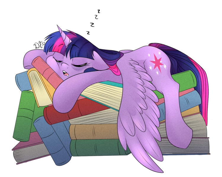 Size: 1280x1024 | Tagged: safe, artist:dragonfoxgirl, derpibooru import, twilight sparkle, twilight sparkle (alicorn), alicorn, pony, princess spike (episode), :o, book, book nest, cute, drool, eyes closed, female, floppy ears, mare, onomatopoeia, open mouth, princess sleeping on books, prone, simple background, sleeping, solo, sound effects, spread wings, that pony sure does love books, tired twilight, transparent background, wings, zzz