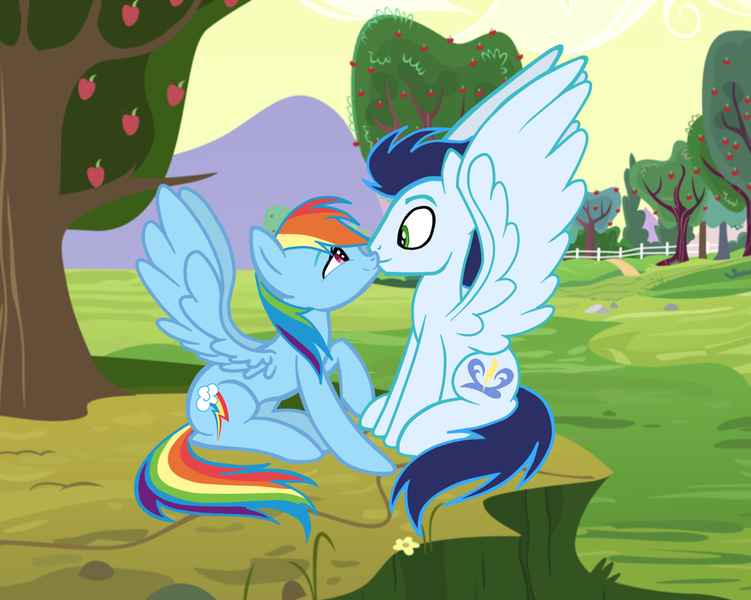 Size: 1024x818 | Tagged: safe, artist:kodretta, derpibooru import, rainbow dash, soarin', female, happy, kissing, male, shipping, smiling, soarindash, spread wings, straight, wingboner, wings