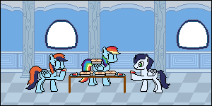 Size: 300x150 | Tagged: safe, artist:busterbuizel, derpibooru import, rainbow dash, soarin', father's day, female, food, male, offspring, parent:rainbow dash, parent:soarin', parents:soarindash, pie, pixel art, shipping, soarindash, straight