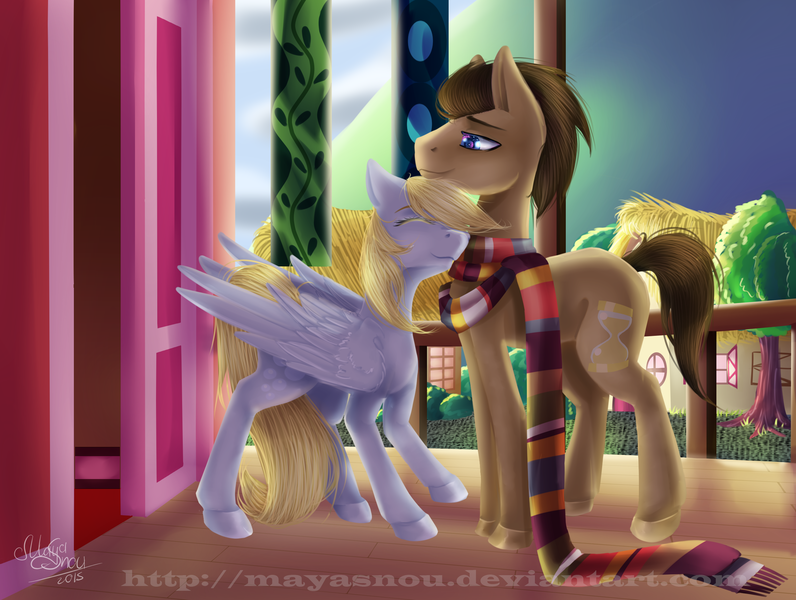 Size: 2500x1885 | Tagged: safe, artist:mayasnou, derpibooru import, derpy hooves, doctor whooves, time turner, pony, slice of life (episode), clothes, doctorderpy, female, fourth doctor's scarf, like a million bits, male, scarf, scene interpretation, shipping, stallion, straight, tom baker's scarf