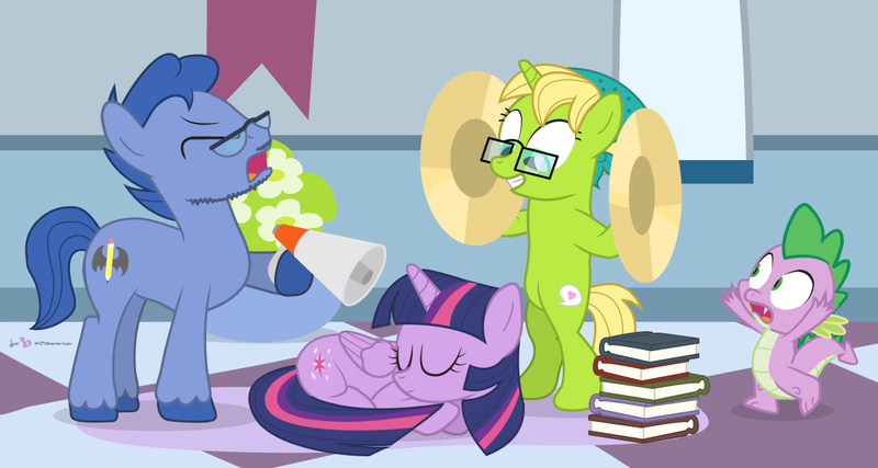 Size: 1200x640 | Tagged: alicorn, andy price, artist:dm29, bittersweet (character), book, cymbals, derpibooru import, katie cook, leadwing, megaphone, princess spike (episode), safe, sleeping, spike, this will end in pain, this will end in tears, this will not end well, twilight sparkle, twilight sparkle (alicorn)