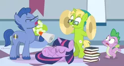 Size: 1200x640 | Tagged: alicorn, andy price, artist:dm29, bittersweet (character), book, cymbals, derpibooru import, katie cook, leadwing, megaphone, princess spike (episode), safe, sleeping, spike, this will end in pain, this will end in tears, this will not end well, twilight sparkle, twilight sparkle (alicorn)