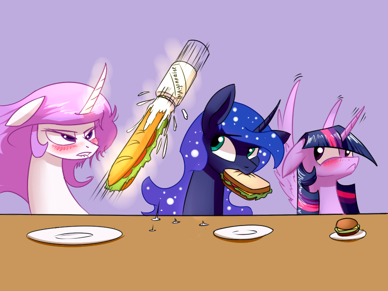 Size: 800x600 | Tagged: suggestive, artist:underpable, derpibooru import, princess celestia, princess luna, twilight sparkle, twilight sparkle (alicorn), alicorn, pony, princess molestia, :<, bedroom eyes, blushing, burger, eating, female, floppy ears, food, frown, horn, hornboner, lip bite, magic, magical stimulation, magicjob, mare, mayonnaise, nom, not porn, penis, sandwich, sauce, spread wings, suggestive eating, wide eyes, wingboner, wings