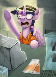 Size: 1842x2500 | Tagged: safe, artist:arfaise, derpibooru import, twilight sparkle, twilight sparkle (alicorn), alicorn, pony, clothes, female, food, ketchup, mare, mcdonald's, muffin, sauce, solo, uniform