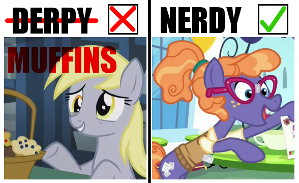 Size: 588x360 | Tagged: safe, derpibooru import, edit, edited screencap, screencap, derpy hooves, frazzle rock, earth pony, pegasus, pony, princess spike (episode), slice of life (episode), caption, food, glasses, image macro, meme, muffin, text