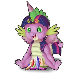 Size: 2100x2000 | Tagged: safe, artist:seleneat, derpibooru import, spike, twilight sparkle, twilight sparkle (alicorn), alicorn, pony, princess spike (episode), clothes, cosplay, costume, cute, female, gem, horn, mare, solo, wings