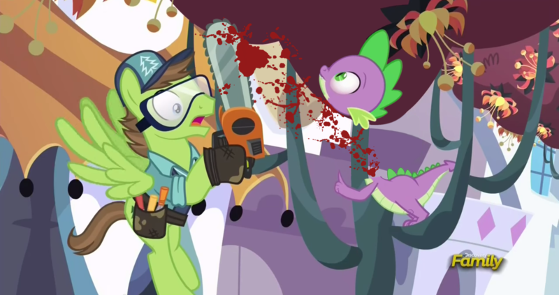 Size: 1920x1015 | Tagged: abuse, accident, bad end, blood, chainsaw, death, decapitated, decapitation, derpibooru import, douglas spruce, dragonsneeze, edit, edited screencap, evergreen, frown, grimdark, hoof hold, open mouth, princess spike (episode), screencap, severed head, shocked, spike, spikeabuse, wide eyes