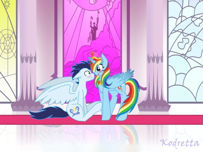 Size: 1024x768 | Tagged: safe, artist:kodretta, derpibooru import, rainbow dash, soarin', alicorn, pony, alicornified, blushing, female, male, race swap, rainbowcorn, shipping, soarindash, spread wings, straight, wings