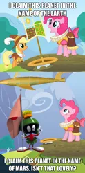 Size: 399x808 | Tagged: applejack, chancellor puddinghead, cropped, derpibooru import, duck dodgers, earth, edit, edited screencap, flag, hearth's warming eve (episode), looney tunes, mars, marvin the martian, pinkie pie, safe, screencap, smart cookie