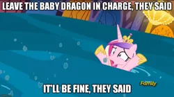 Size: 888x499 | Tagged: derpibooru import, die hard, exploitable meme, flood, meme, memegenerator, princess cadance, princess spike (episode), safe, screencap, solo, water