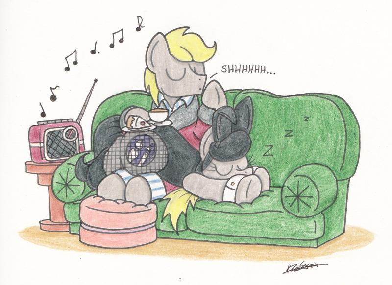 Size: 2026x1474 | Tagged: safe, artist:bobthedalek, derpibooru import, oc, oc:mixed melody, oc:octavia's father, oc:octavia's mother, oc:ostinato melody, unofficial characters only, earth pony, pony, bunny suit, cake, clothes, couch, dressing gown, female, fishnets, food, male, mare, music notes, oblivious, onomatopoeia, pajamas, playboy bunny, radio, sleeping, sound effects, stallion, tea, traditional art, z, zzz