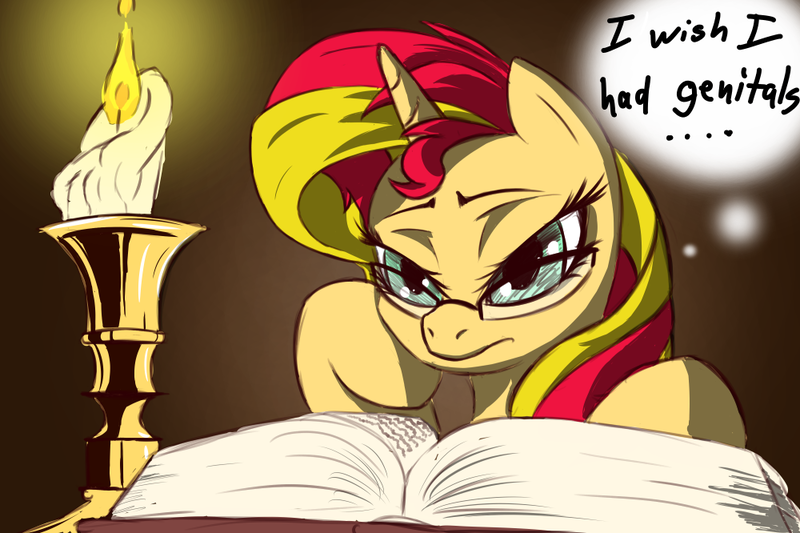 Size: 1000x666 | Tagged: suggestive, artist:[redacted], derpibooru import, sunset shimmer, pony, unicorn, book, candle, female, glasses, implied featureless crotch, solo