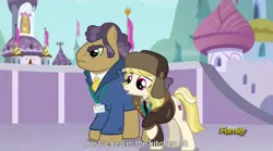 Size: 1279x712 | Tagged: suggestive, derpibooru import, edit, edited screencap, screencap, joe pescolt, march gustysnows, earth pony, pony, princess spike (episode), caption, discovery family logo, female, implied sex, male, mare, meme, stallion, vulgar, youtube caption