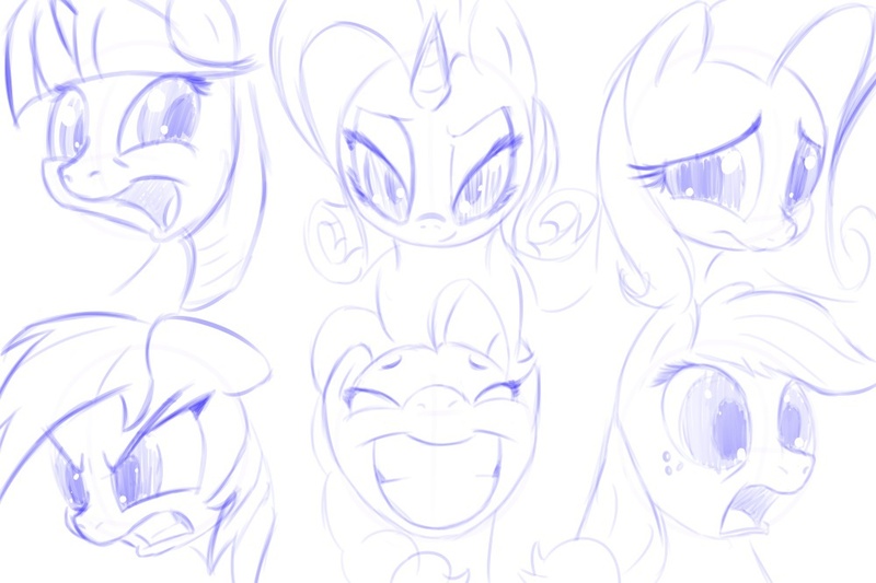 Size: 1000x666 | Tagged: applejack, artist:[redacted], derpibooru import, expressions, fluttershy, mane six, monochrome, pinkie pie, rainbow dash, rarity, safe, sketch, twilight sparkle