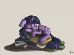 Size: 2359x1756 | Tagged: safe, artist:nemo2d, derpibooru import, twilight sparkle, twilight sparkle (alicorn), alicorn, pony, princess spike (episode), book, book nest, female, mare, princess sleeping on books, sleeping, solo, that pony sure does love books, tired twilight