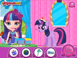 Size: 826x619 | Tagged: safe, derpibooru import, twilight sparkle, twilight sparkle (alicorn), alicorn, human, pony, baby, barbie, derp, flash game, love, pet, playing, toy, train