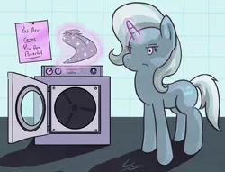 Size: 1270x968 | Tagged: safe, artist:liracrown, derpibooru import, trixie, pony, unicorn, cape, clothes, dryer, drying machine, female, mare, poster, shrunk clothing, trixie's cape