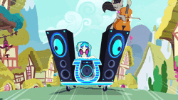 Size: 499x281 | Tagged: animated, bass cannon, cello, derpibooru import, loop, musical instrument, octavia melody, safe, screencap, slice of life (episode), turntable, vinyl scratch, wubcart