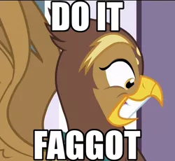 Size: 1115x1028 | Tagged: safe, derpibooru import, screencap, galena, gryphon, princess spike (episode), caption, do it, do it faggot, grin, image macro, looking at something, looking down, meme, smiling, solo, spread wings, squee, text, vulgar, wide eyes, wings