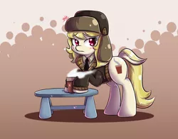 Size: 1400x1100 | Tagged: safe, artist:tikrs007, derpibooru import, march gustysnows, pony, princess spike (episode), blushing, clothes, coffee, female, mare, solo, table