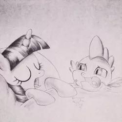 Size: 1024x1024 | Tagged: artist:theasce, derpibooru import, grayscale, monochrome, pencil drawing, princess spike (episode), safe, scene interpretation, spike, traditional art, twilight sparkle