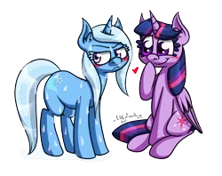 Size: 1892x1500 | Tagged: safe, artist:alittleofsomething, derpibooru import, trixie, twilight sparkle, twilight sparkle (alicorn), alicorn, pony, blushing, female, heart, lesbian, mare, shipping, twixie, wet, wet mane