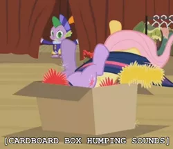 Size: 696x600 | Tagged: box, caption, derpibooru import, descriptive noise, edit, edited screencap, fluttershy, hearth's warming eve, hearth's warming eve (episode), image macro, implied sex, meme, out of context, screencap, season 2, spike, suggestive, text, twilight sparkle