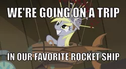 Size: 600x331 | Tagged: safe, derpibooru import, screencap, derpy hooves, pegasus, pony, slice of life (episode), caption, derpy doing derpy things, female, flying machine, image macro, little einsteins, mare, meme, muffin 1, rocket, text
