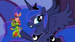 Size: 1024x570 | Tagged: derpibooru import, edit, edited screencap, laylee, princess luna, princess spike (episode), safe, screencap, yooka, yooka-laylee, yooka-laylee (game)