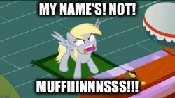 Size: 884x500 | Tagged: safe, artist:mysteryben, derpibooru import, edit, derpy hooves, pegasus, pony, epic rage time, caption, female, food, image macro, mare, meme, muffin, my name's not rick, patrick star, spongebob squarepants, text, that one nameless background pony we all know and love, the fry cook games